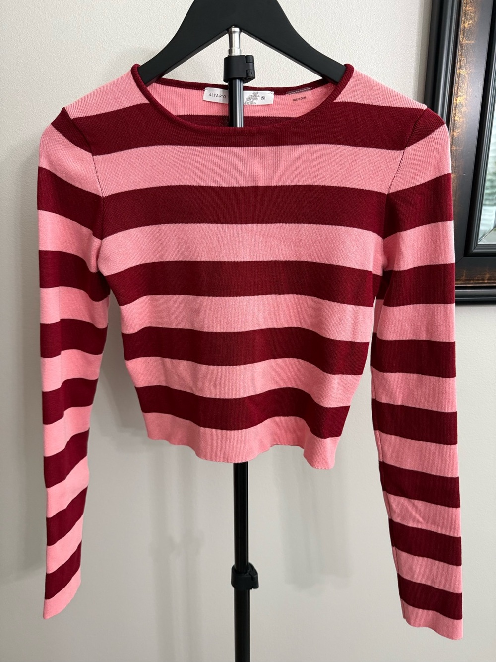 Altar'd State Pink and Burgundy Striped Crewneck Cropped Sweater